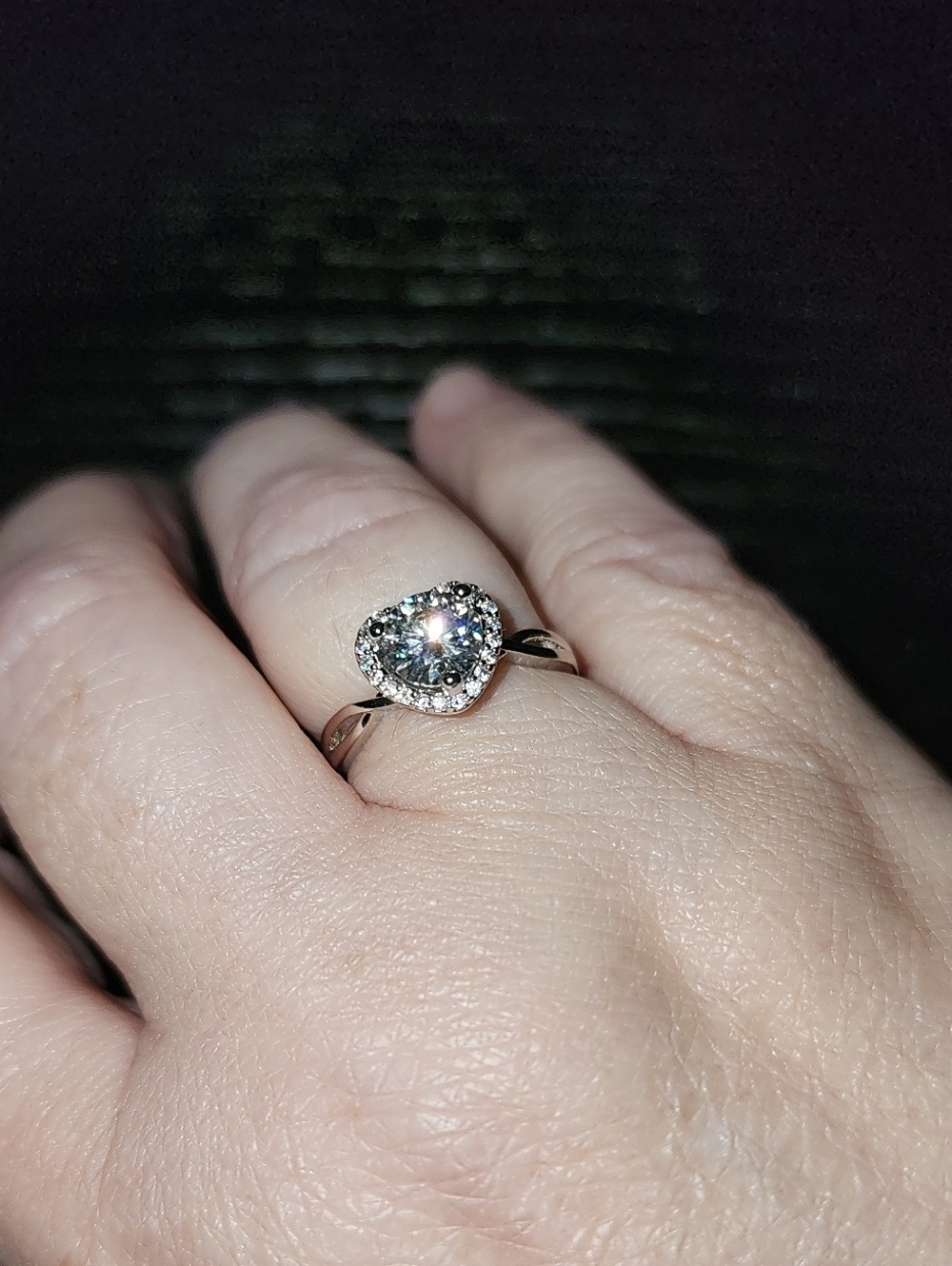 Heart Halo Ring with Moissanite Center Stone in Silver - Size 7